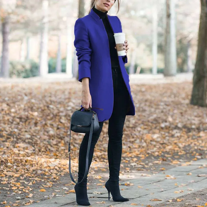 Open Long Sleeve Woolen Coat for Winter Elegance