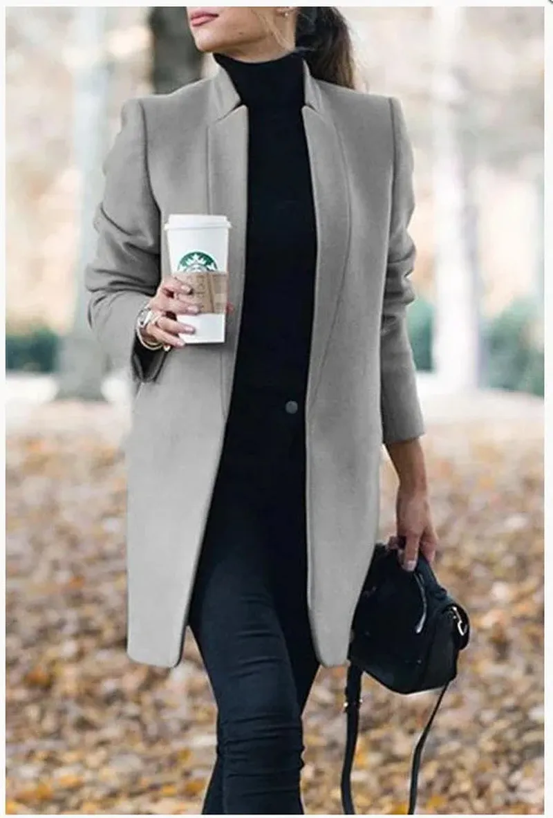 Open Long Sleeve Woolen Coat for Winter Elegance