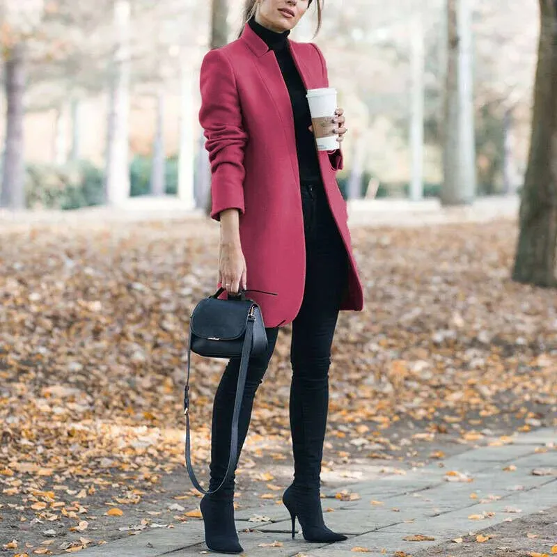 Open Long Sleeve Woolen Coat for Winter Elegance
