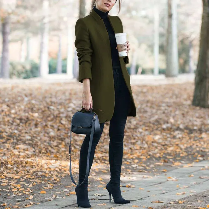Open Long Sleeve Woolen Coat for Winter Elegance