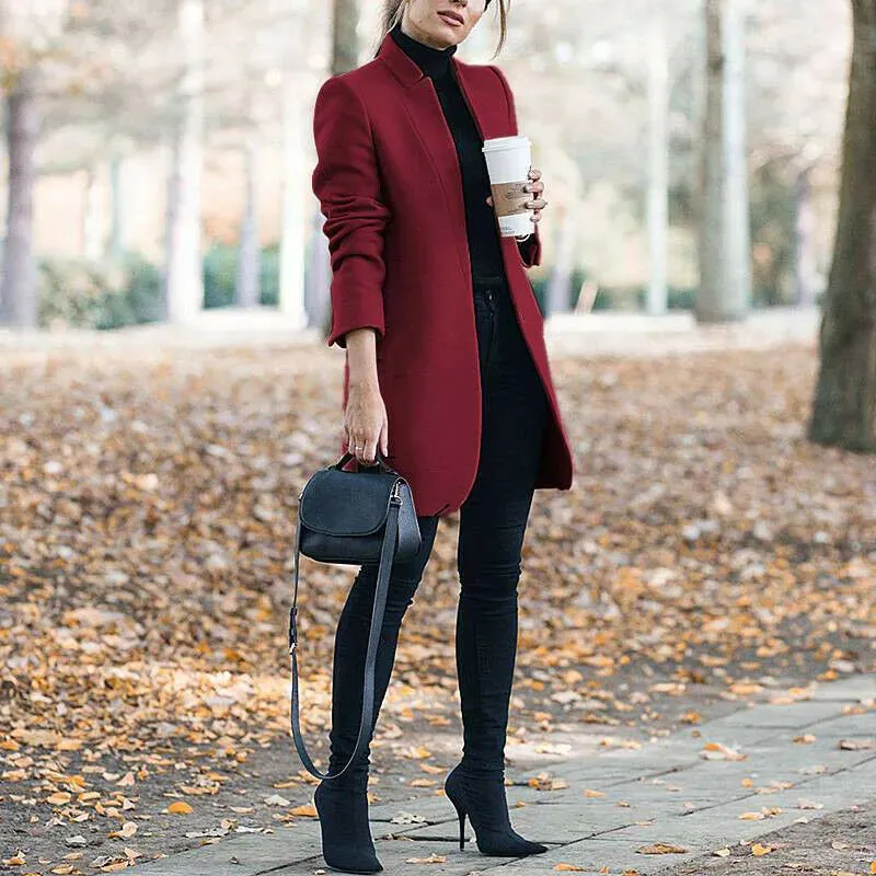 Open Long Sleeve Woolen Coat for Winter Elegance