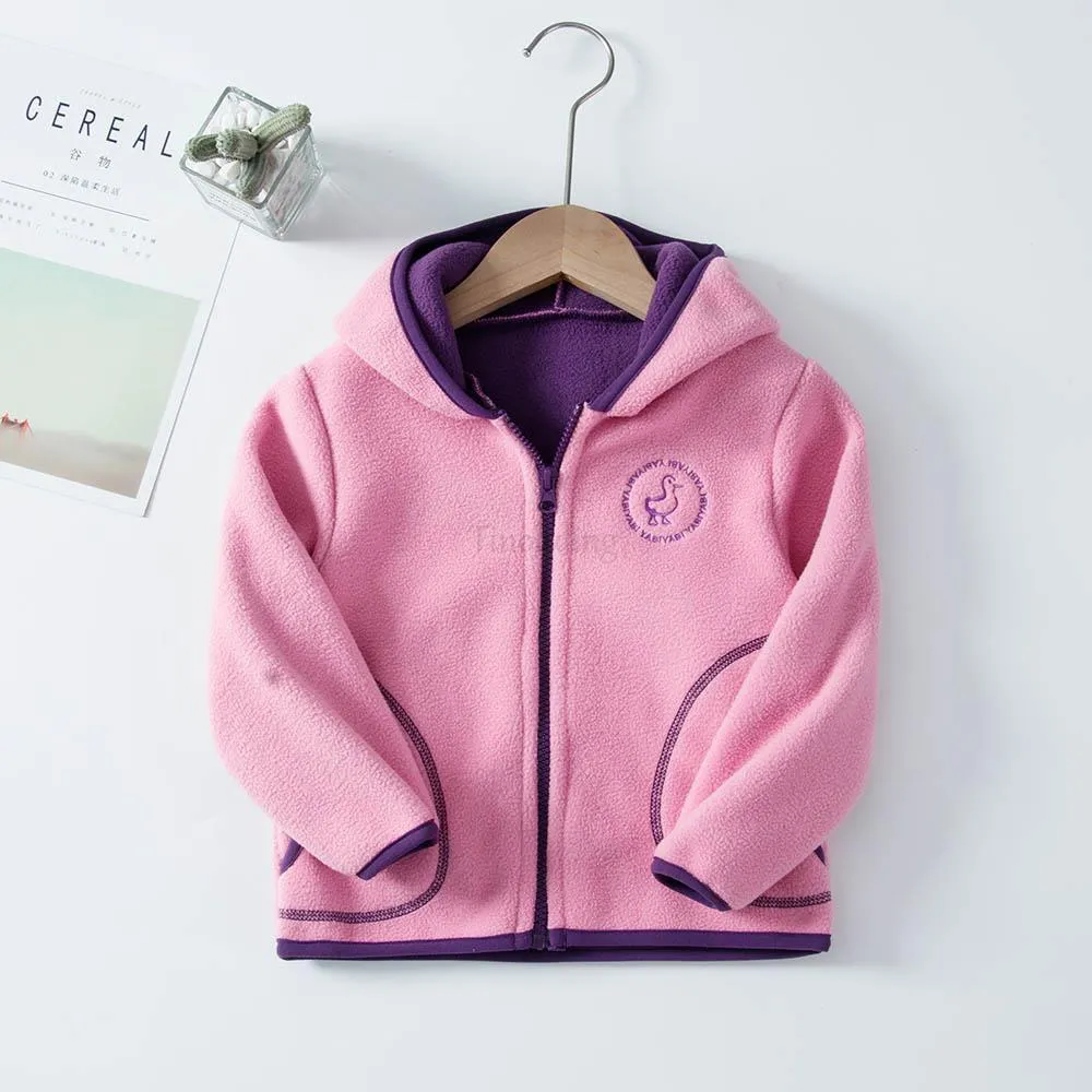 Padded Windproof Double Fleece Kids Jackets with Hood and Zipper for Boys and Girls