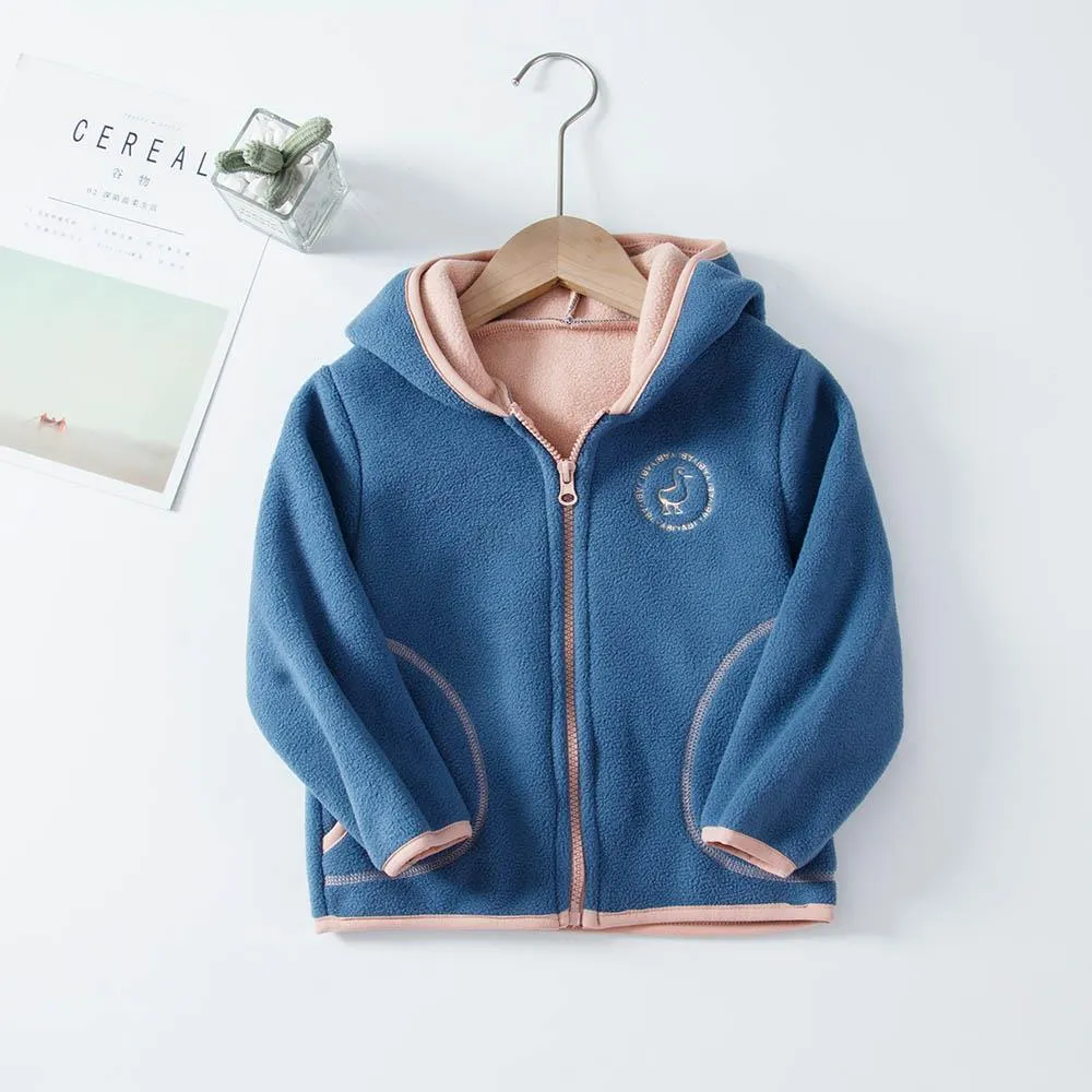 Padded Windproof Double Fleece Kids Jackets with Hood and Zipper for Boys and Girls