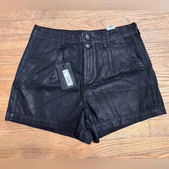 PAIGE Mayslie Short Front Pleats Exposed Double Buttons Midnight Oil Coating