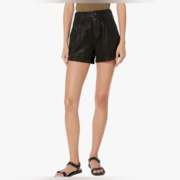 PAIGE Mayslie Short Front Pleats Exposed Double Buttons Midnight Oil Coating