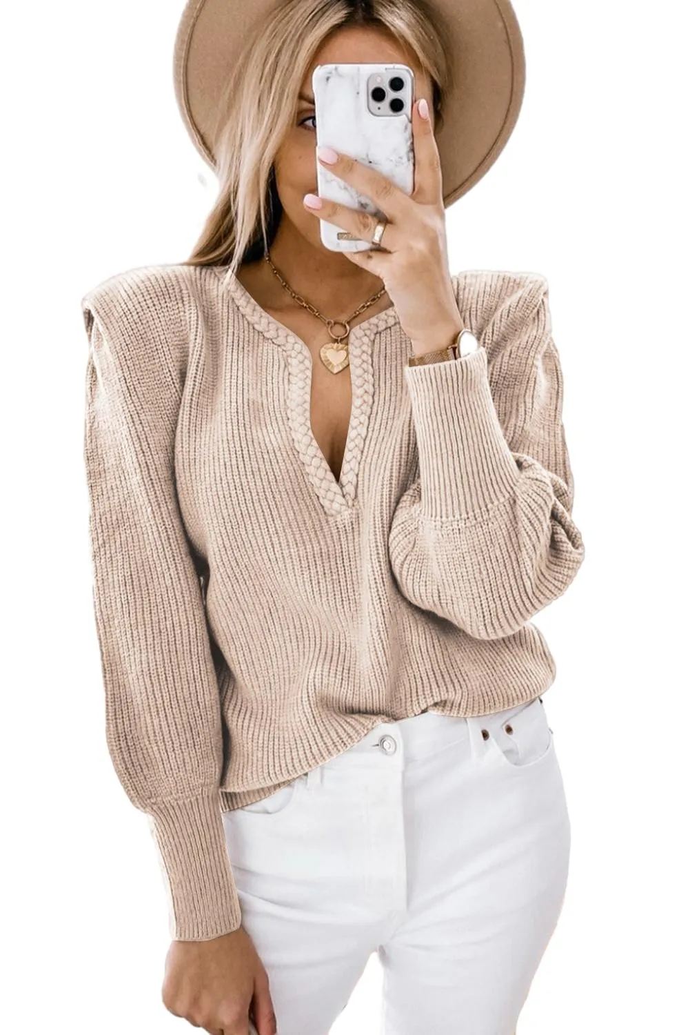 Parchment Braided Notched V Neckline Puff Sleeve Knitted Sweater