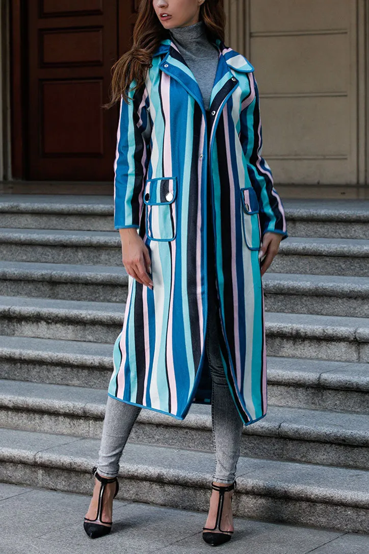 Personality Color Striped Long-sleeved Woolen Coat