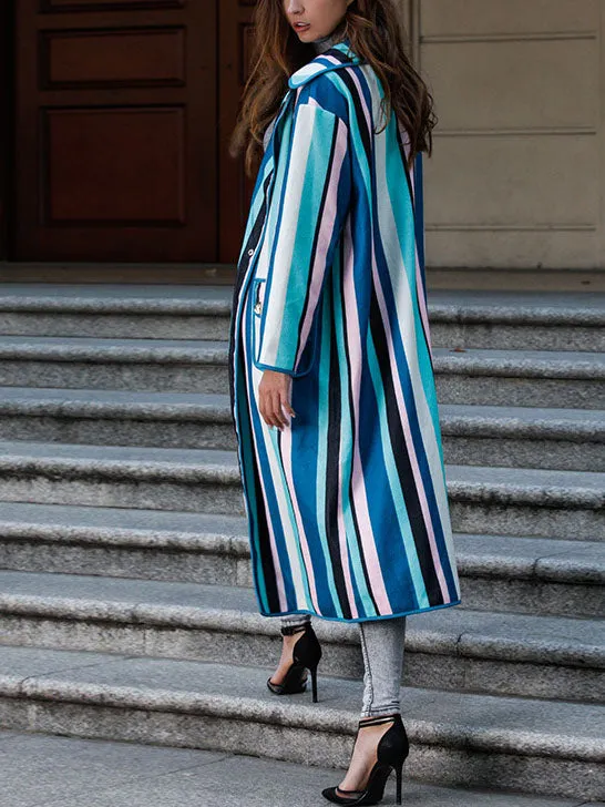 Personality Color Striped Long-sleeved Woolen Coat