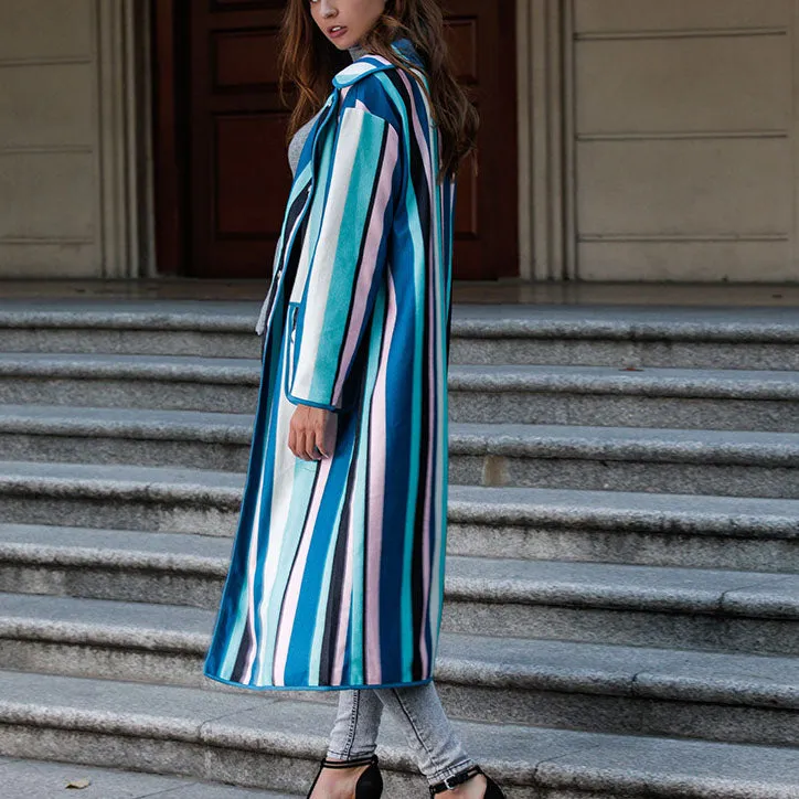 Personality Color Striped Long-sleeved Woolen Coat