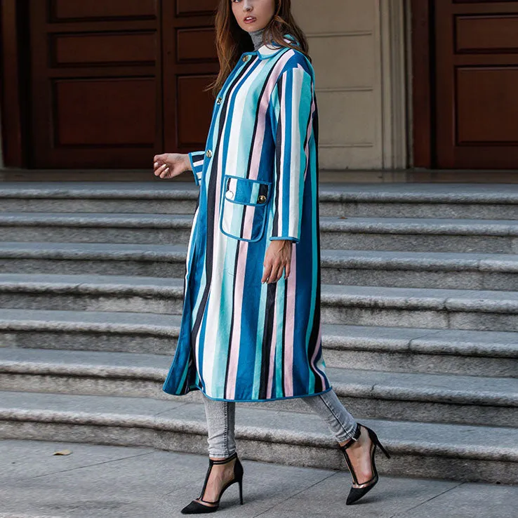 Personality Color Striped Long-sleeved Woolen Coat