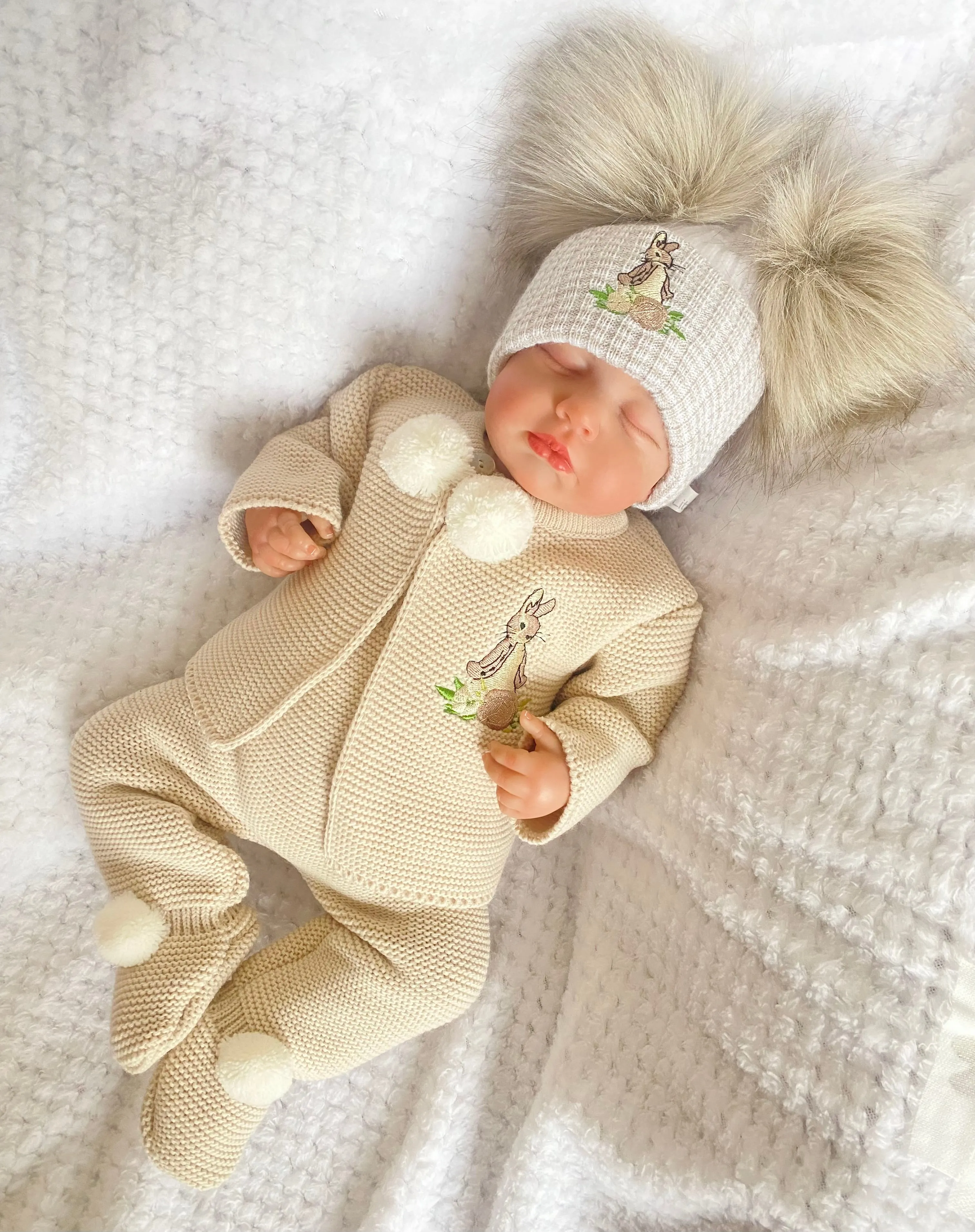 Peter Rabbit Flopsy Bunny Taupe Pom Pom Knitted  pram suit