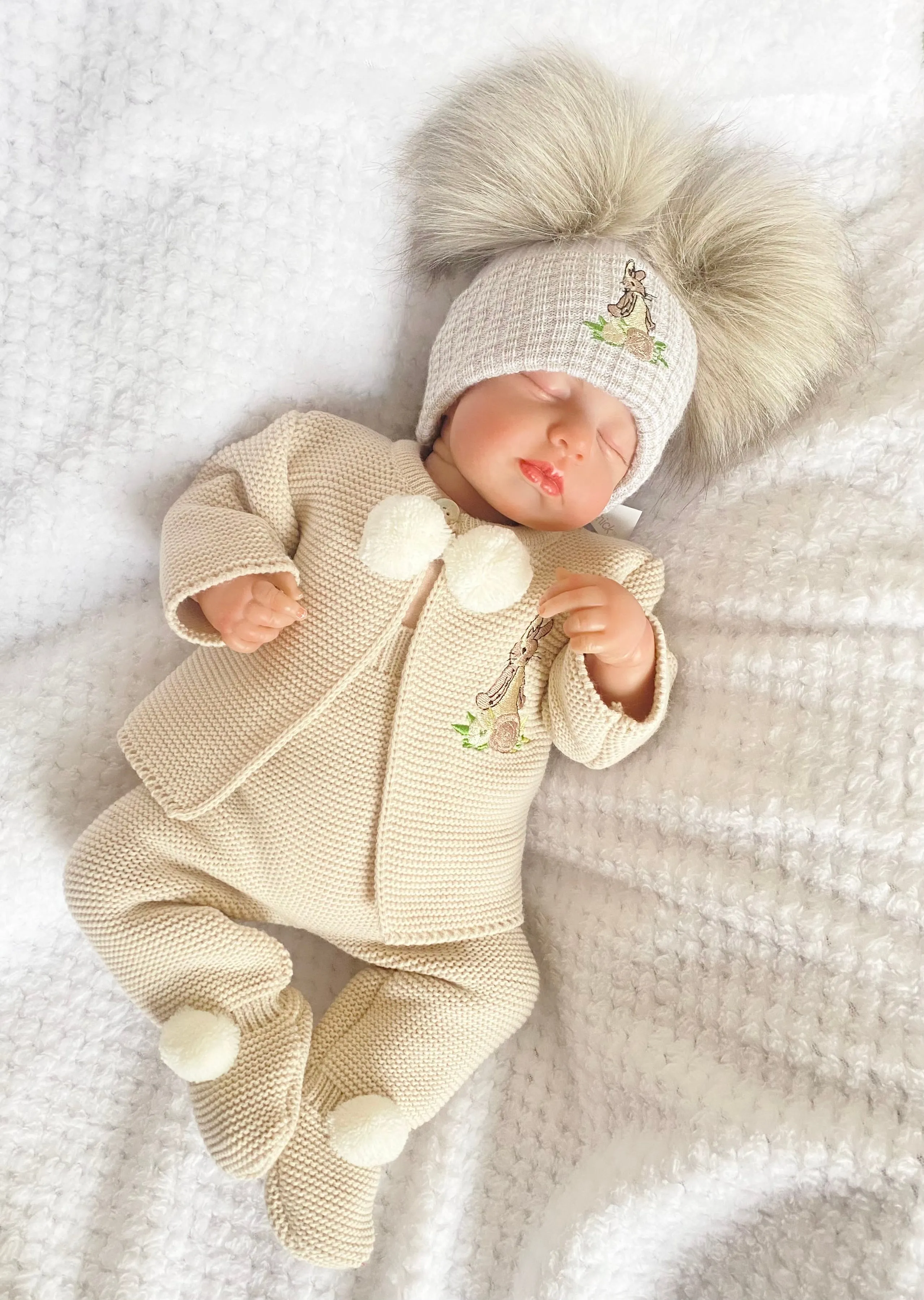 Peter Rabbit Flopsy Bunny Taupe Pom Pom Knitted  pram suit