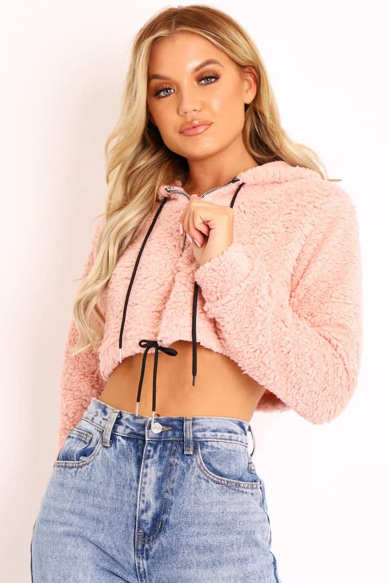 Pink 3/4 Zip Cropped Teddy Jumper - Ethelyn