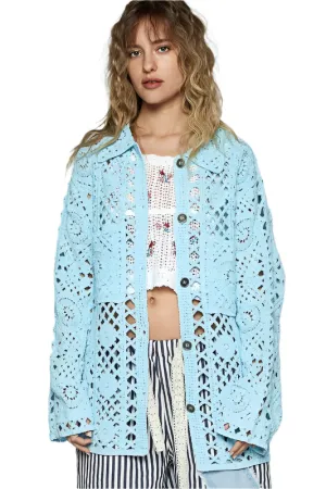 POL Crochet Button Up Cardigan with Chest Patch Pockets
