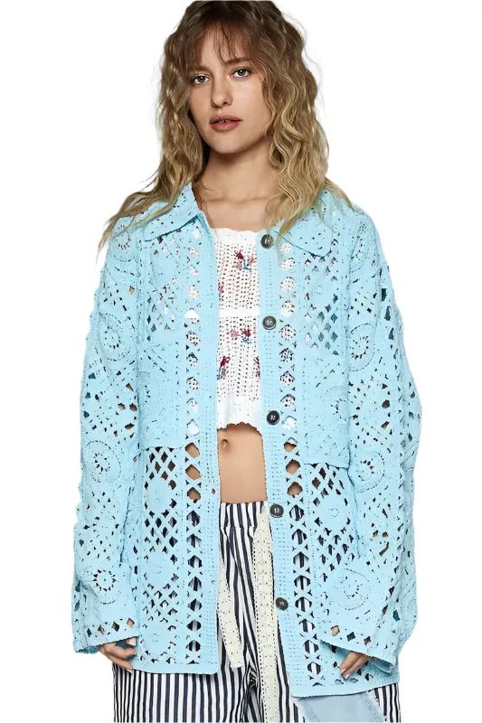 POL Crochet Button Up Cardigan with Chest Patch Pockets