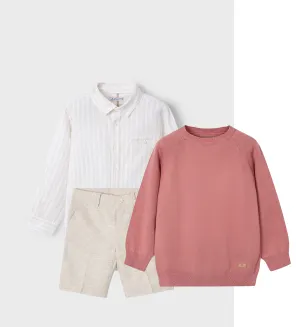 Pre-Order Mayoral 3121 Long Sleeve Stripe Shirt, Mayoral 3217 Sand Linen Shorts and Mayoral 311 Jumper