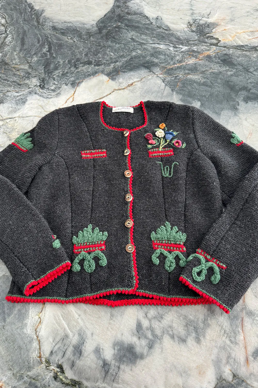 Prettiest 1980s Wolkenstricker Charcoal Colour Hand Knit Cardigan Sweater w Floral Details
