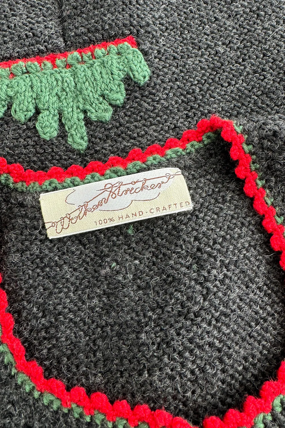 Prettiest 1980s Wolkenstricker Charcoal Colour Hand Knit Cardigan Sweater w Floral Details