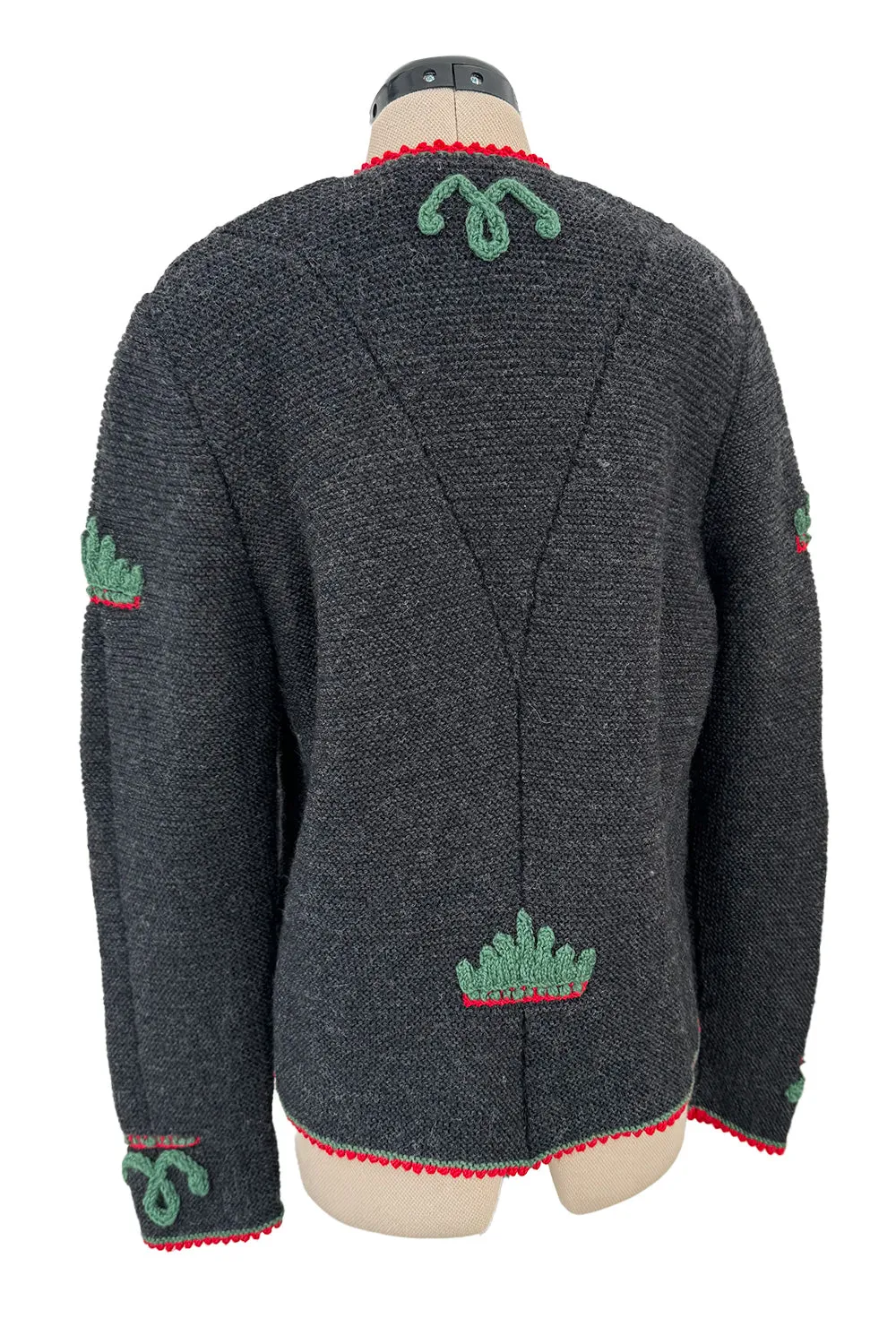 Prettiest 1980s Wolkenstricker Charcoal Colour Hand Knit Cardigan Sweater w Floral Details