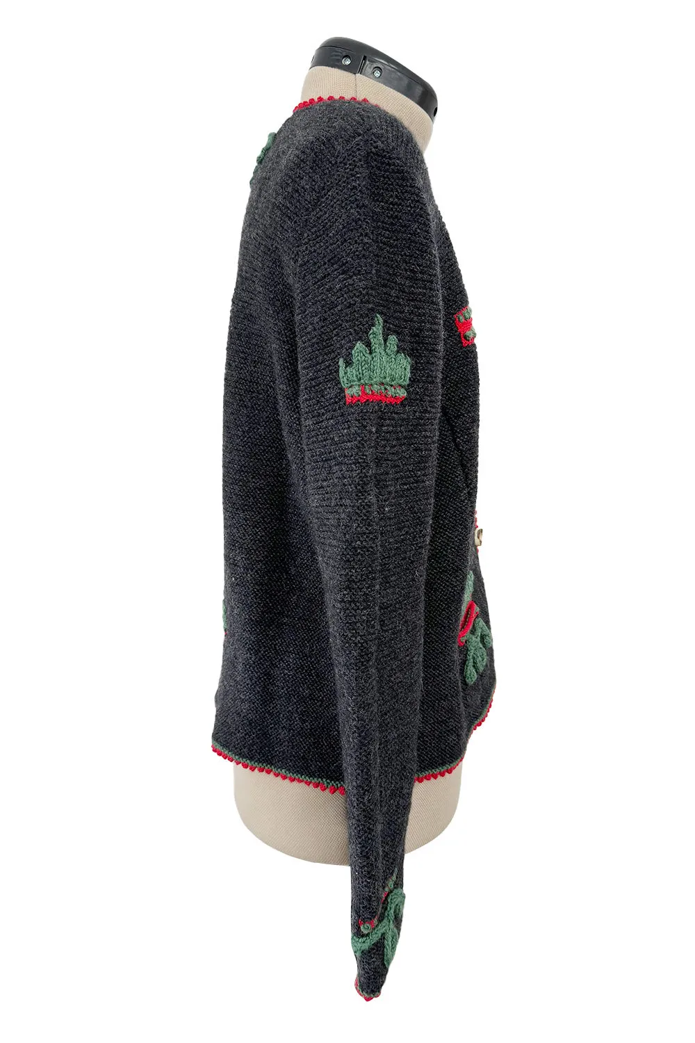 Prettiest 1980s Wolkenstricker Charcoal Colour Hand Knit Cardigan Sweater w Floral Details