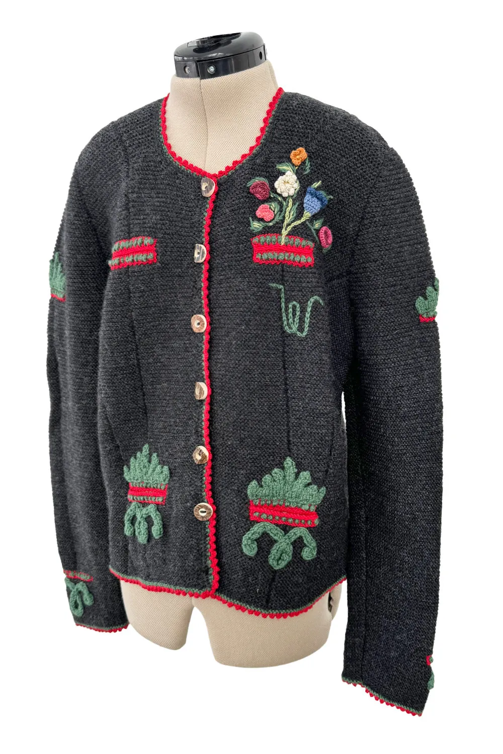 Prettiest 1980s Wolkenstricker Charcoal Colour Hand Knit Cardigan Sweater w Floral Details