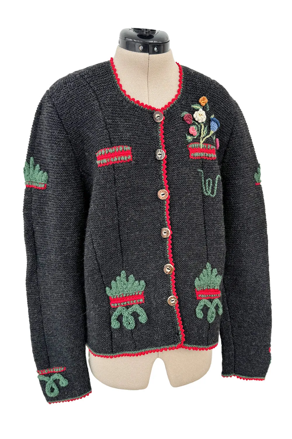 Prettiest 1980s Wolkenstricker Charcoal Colour Hand Knit Cardigan Sweater w Floral Details