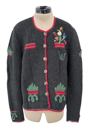 Prettiest 1980s Wolkenstricker Charcoal Colour Hand Knit Cardigan Sweater w Floral Details