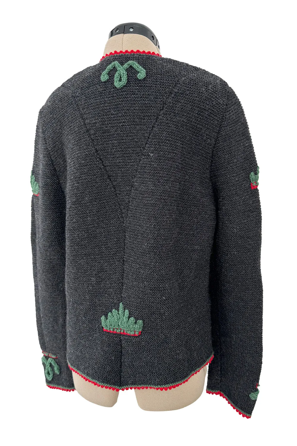 Prettiest 1980s Wolkenstricker Charcoal Colour Hand Knit Cardigan Sweater w Floral Details