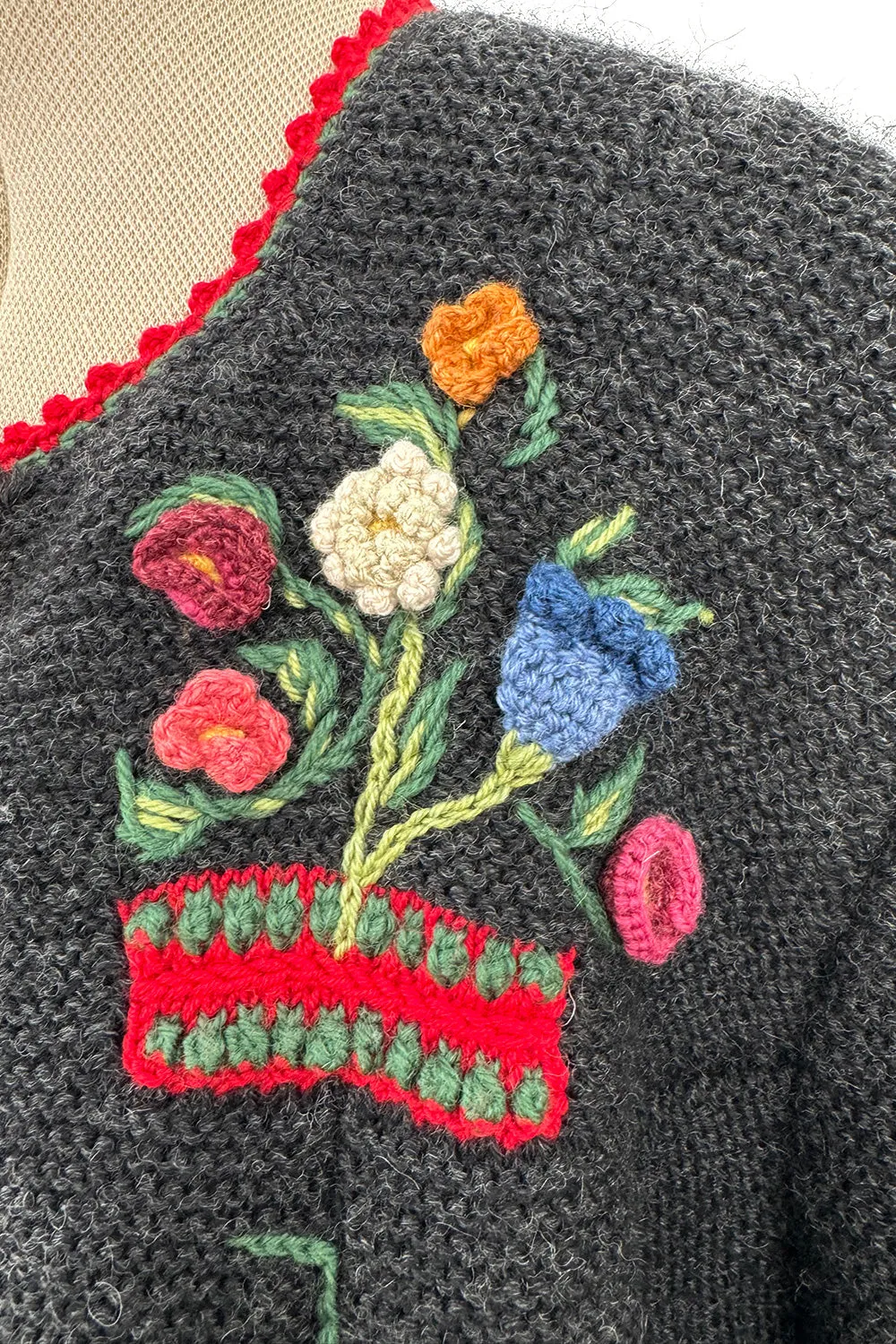 Prettiest 1980s Wolkenstricker Charcoal Colour Hand Knit Cardigan Sweater w Floral Details