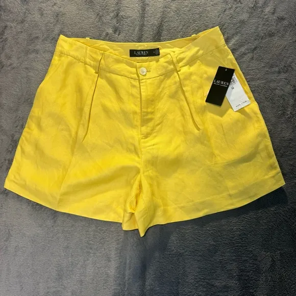 Ralph Lauren Pleated Linen-Blend Twill Shorts Primrose Yellow Size 10 New