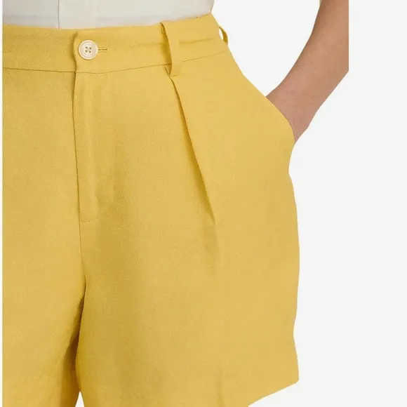 Ralph Lauren Pleated Linen-Blend Twill Shorts Primrose Yellow Size 16 New