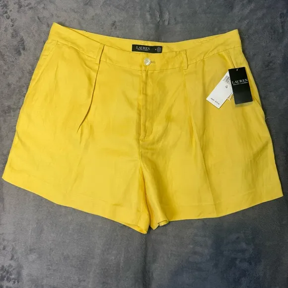 Ralph Lauren Pleated Linen-Blend Twill Shorts Primrose Yellow Size 16 New
