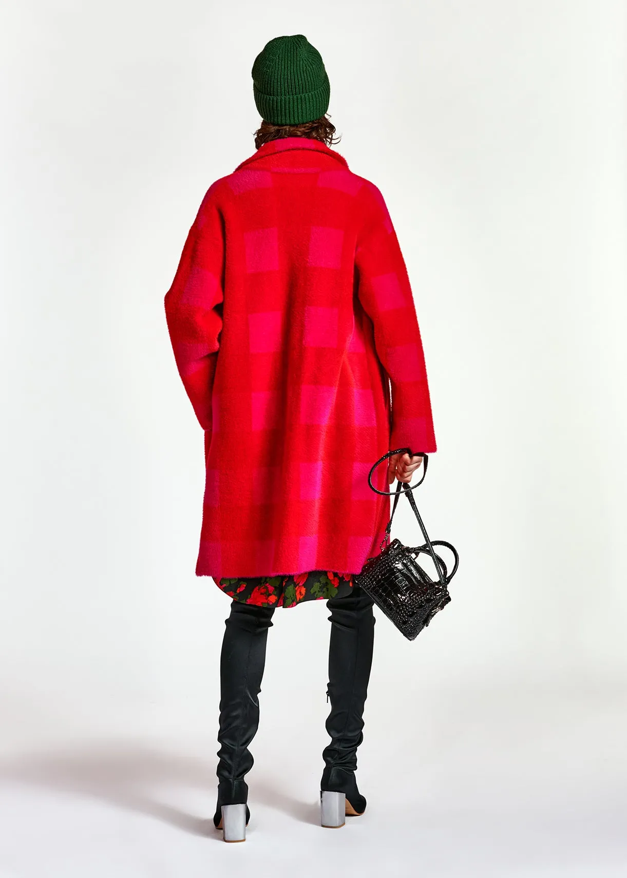 Red and pink check knitted coat