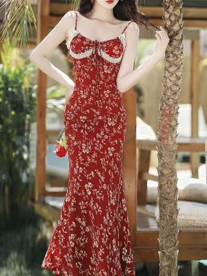 Red Floral Strap Fishtail Dress with Cardigan Vintage Outfit