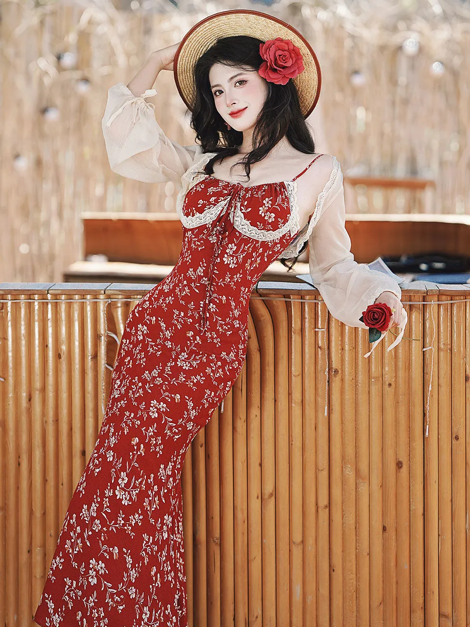 Red Floral Strap Fishtail Dress with Cardigan Vintage Outfit