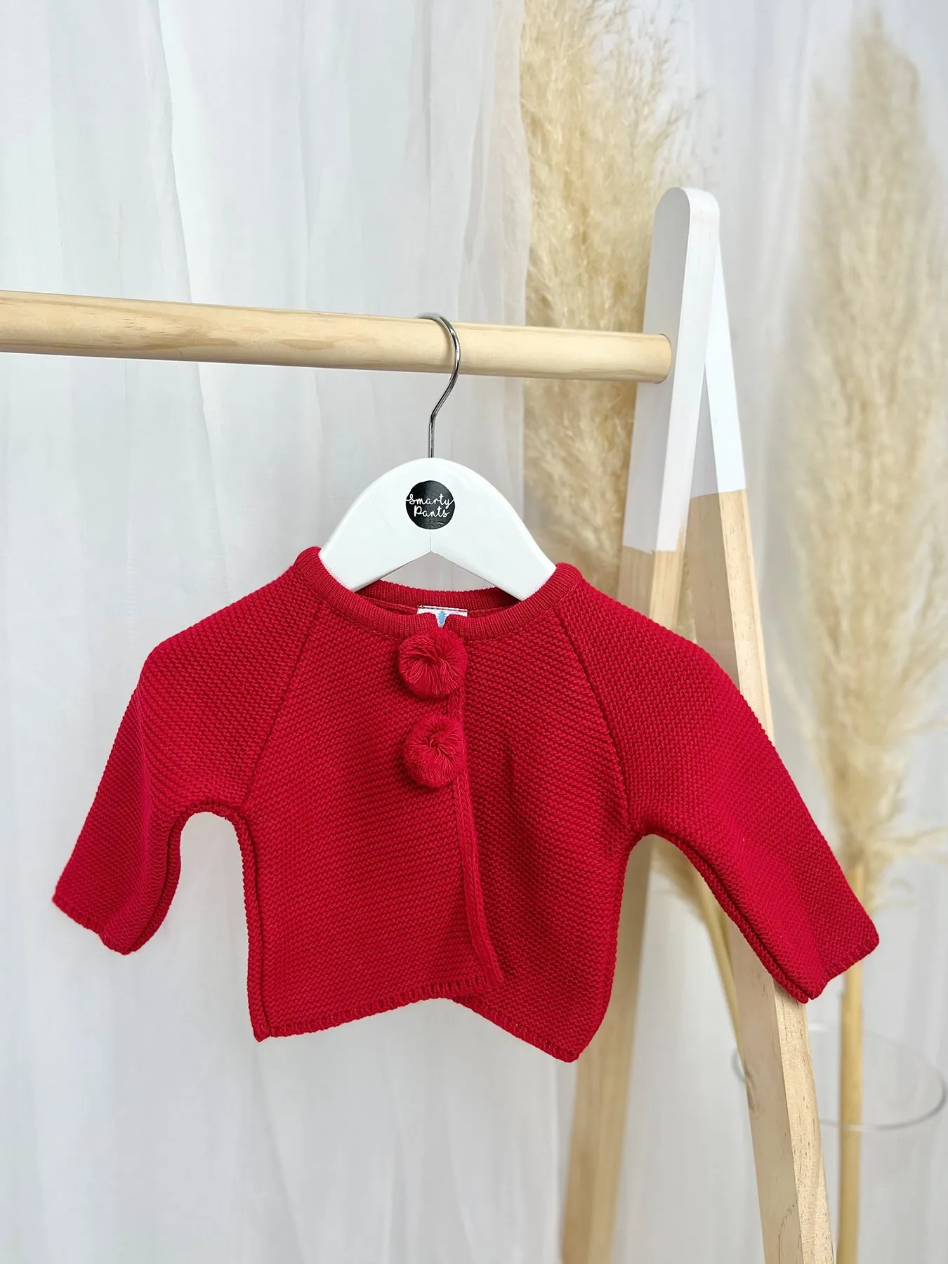 Red Knitted Pom Pom Cardigan