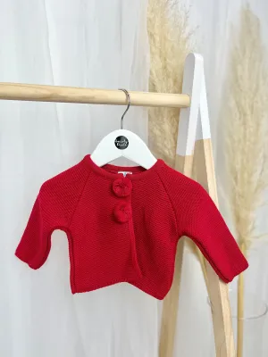Red Knitted Pom Pom Cardigan