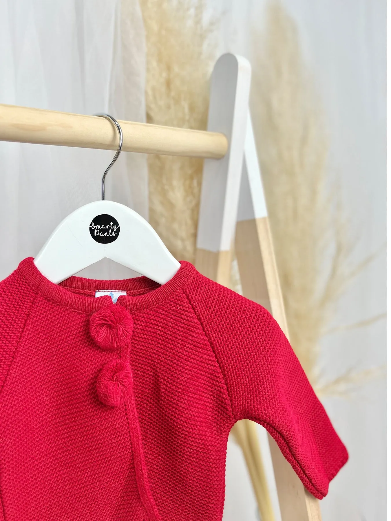 Red Knitted Pom Pom Cardigan