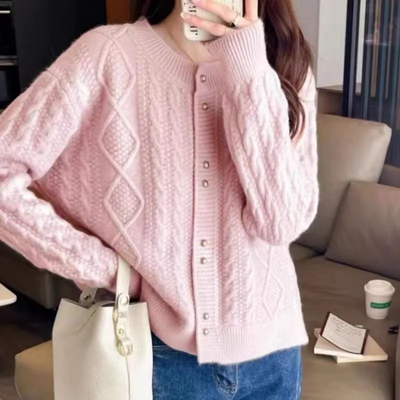 Relaxed-fit Round Neck Cardigan with Metallic Buttons