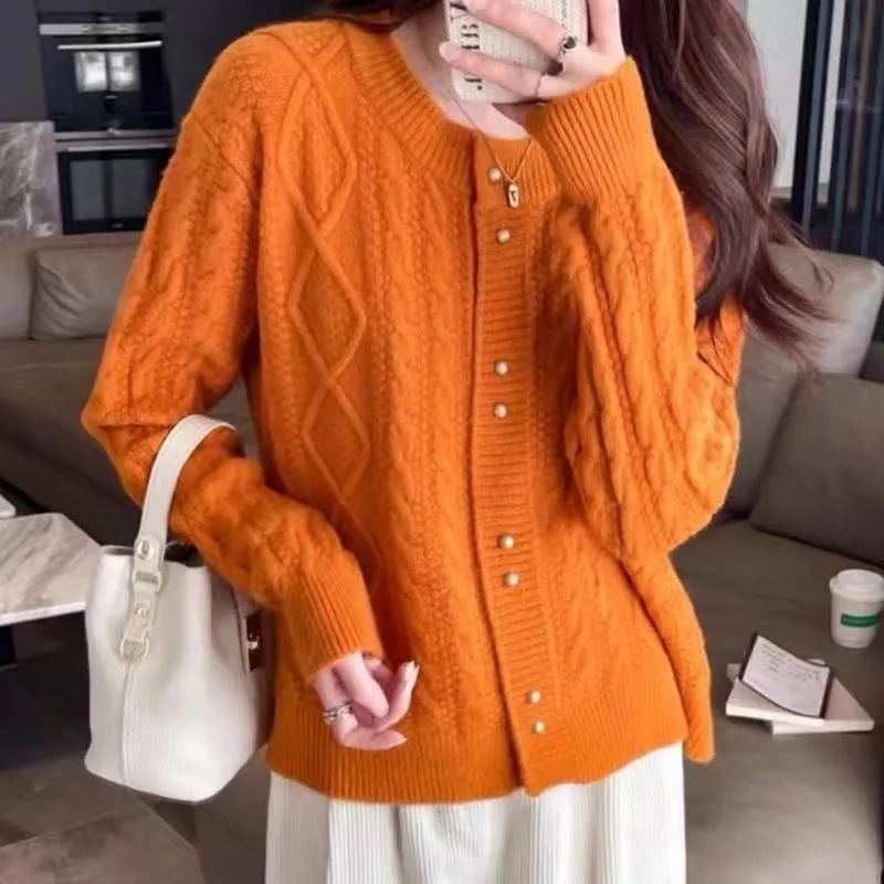 Relaxed-fit Round Neck Cardigan with Metallic Buttons