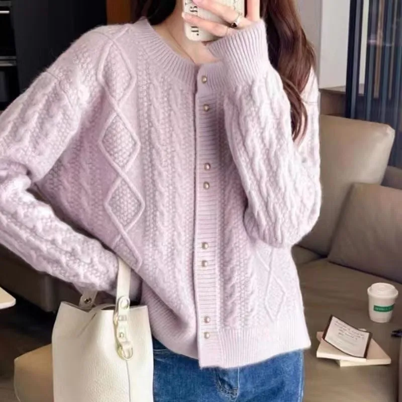 Relaxed-fit Round Neck Cardigan with Metallic Buttons