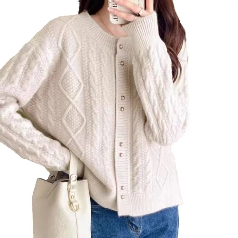 Relaxed-fit Round Neck Cardigan with Metallic Buttons