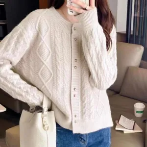 Relaxed-fit Round Neck Cardigan with Metallic Buttons