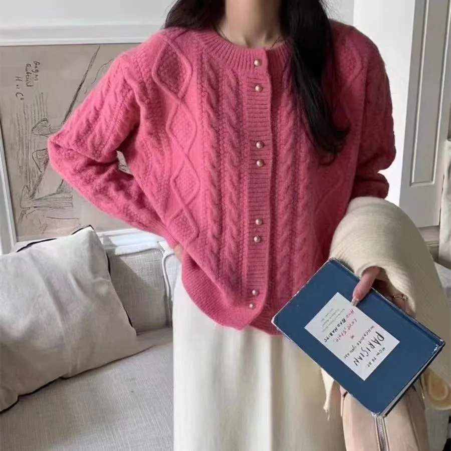 Relaxed-fit Round Neck Cardigan with Metallic Buttons