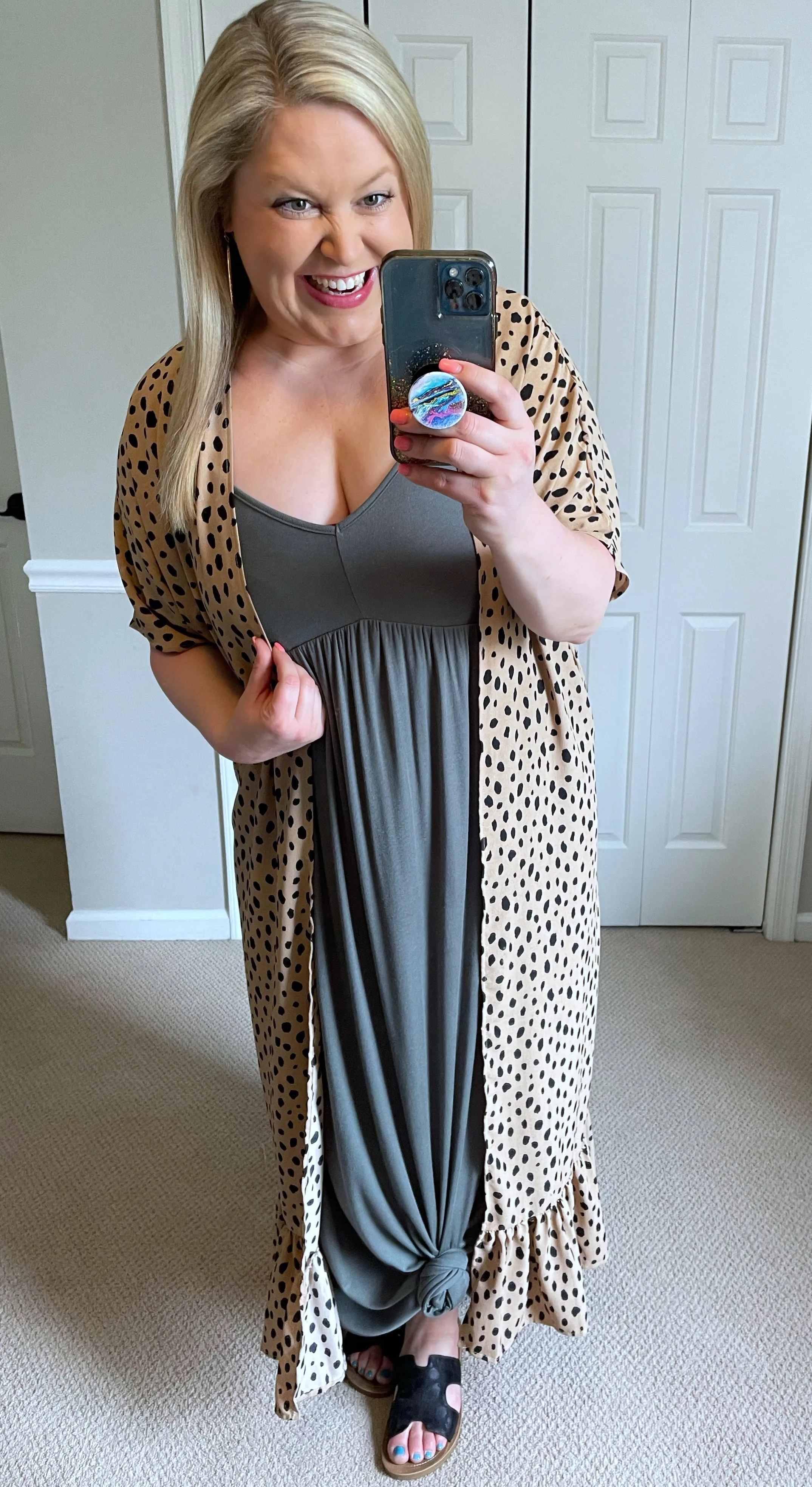 Remi Ruffle Duster Cardigan in Tan Dalmatian