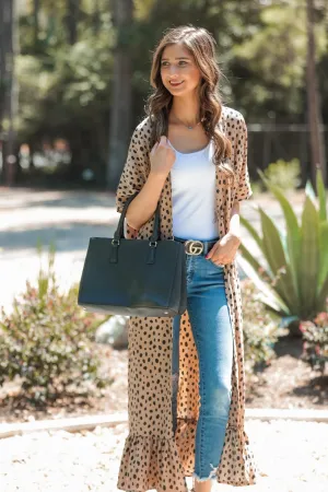 Remi Ruffle Duster Cardigan in Tan Dalmatian