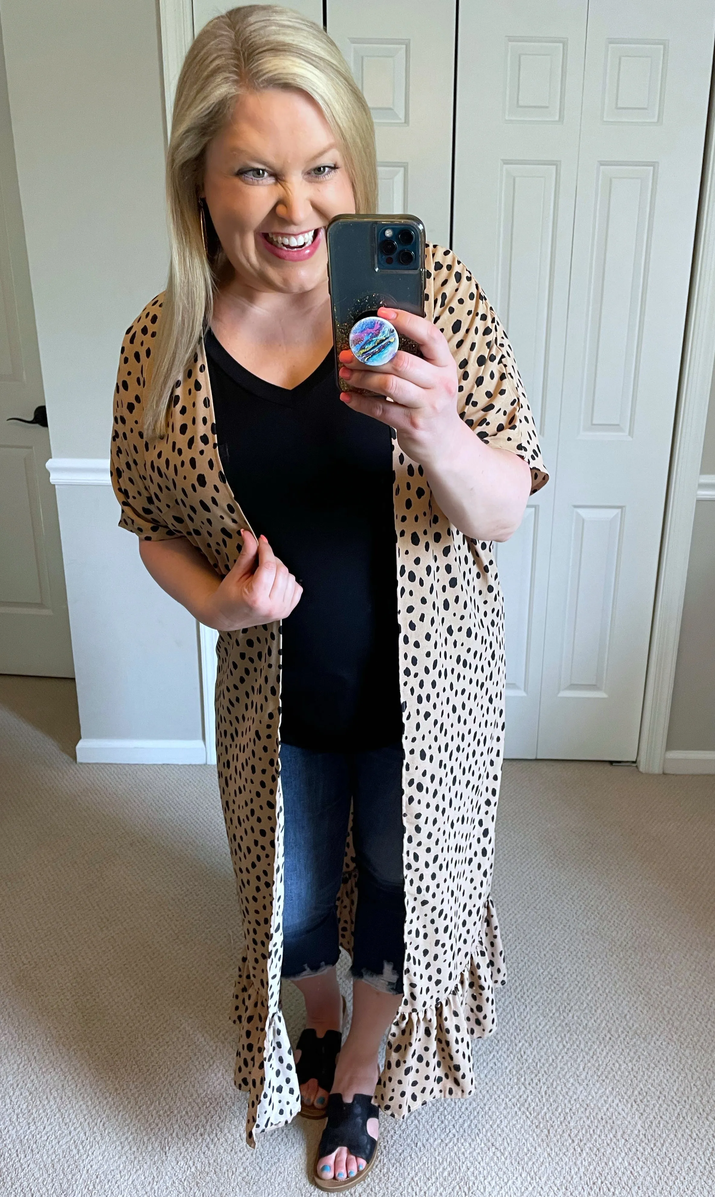 Remi Ruffle Duster Cardigan in Tan Dalmatian