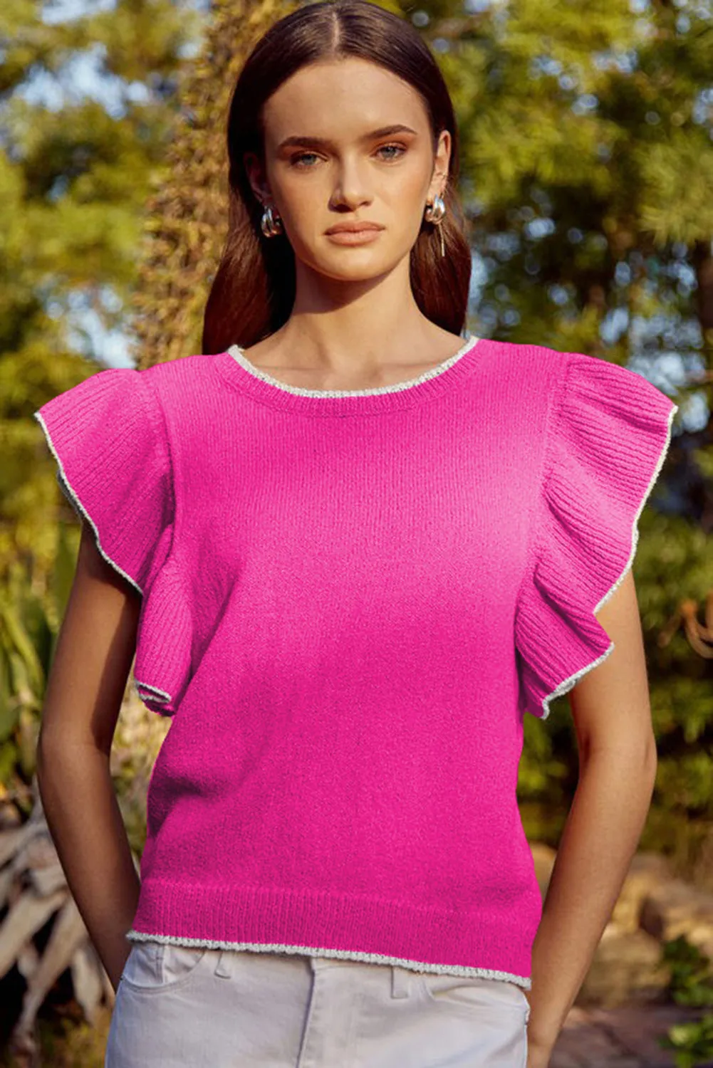 Rose Red Contrast Trim Ruffle Sleeve Knitted Top
