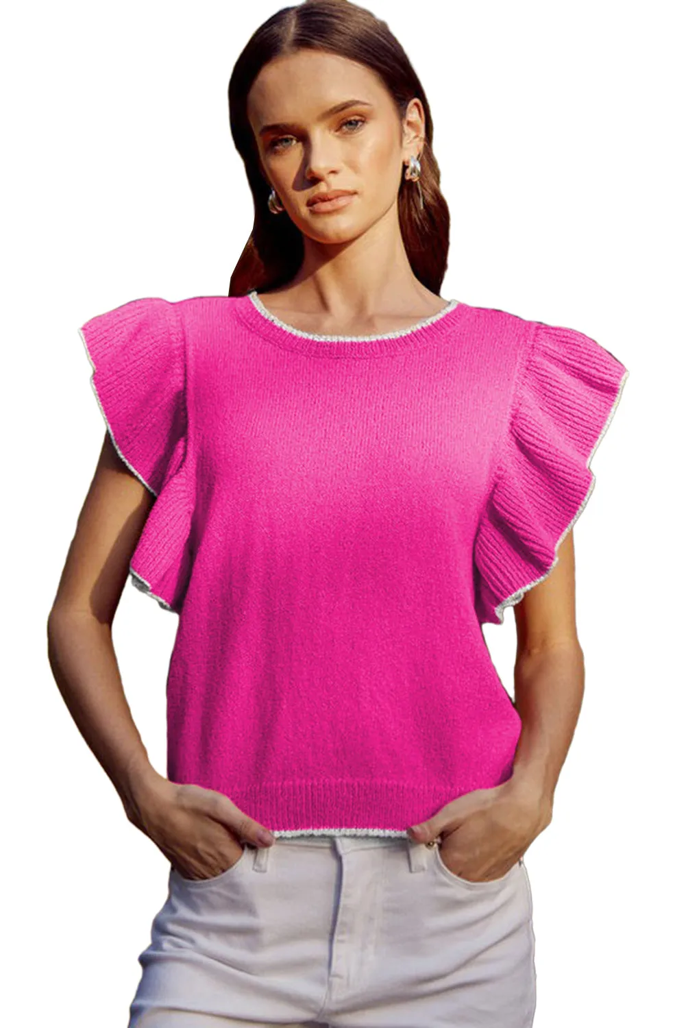 Rose Red Contrast Trim Ruffle Sleeve Knitted Top