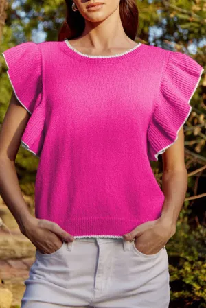 Rose Red Contrast Trim Ruffle Sleeve Knitted Top